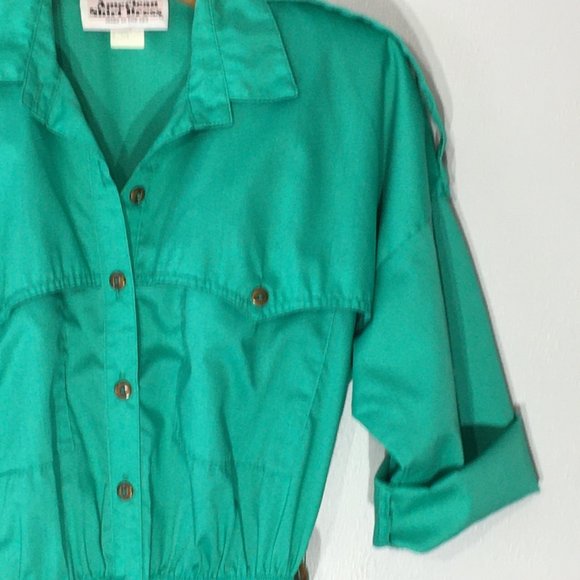 Vintage 80s Day Dress, Green Shirt Dress, Vintage Dress with Pockets Size Medium - Picture 9 of 14